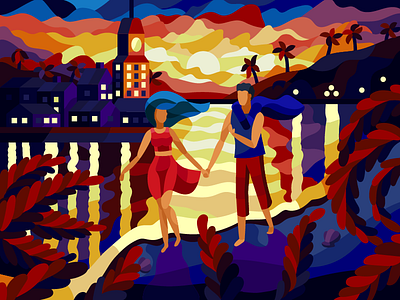 Sunset on beach beach couple flat gallery illustration painting people sunset vector