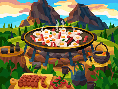 Camping morning breakfast camping flat forest fried egg gallery holidays illustration mountains painting rocks sausages travel vacation vector