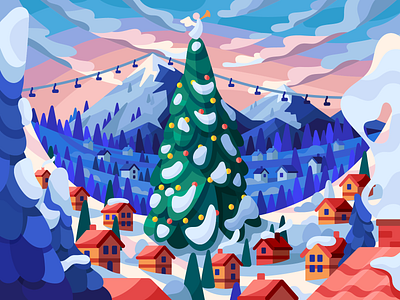 Christmas in Alps 2020 2021 christmas christmas party christmas tree christmas village illustration landskape mountais mountain village mountains rocks skiing snow snowboarding vector village winter winter holidays winter village