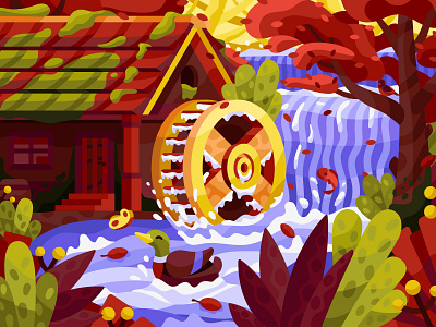 Water mill house chewing colors colorful coloring duck gallery green energy hius in a forest illustration landskape mill mill wheel painting pbm vector water mill water mill house watermill web illustration wooden mill