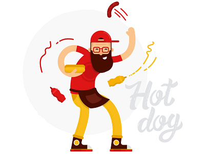 Hot-dog maker cartoon character flat hot dog ketchup mustard sausage vector