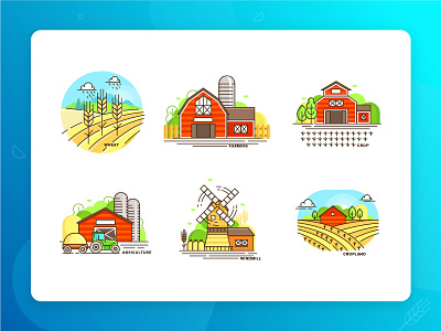 Colourful farm icons set. Part one agriculture burn farm field flat icons illustration landscape line logo vector wind mill