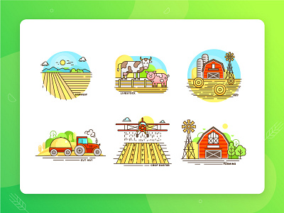 Colourful farm icons set. Part two agriculture burn eco farm field flat icons illustration landscape line logo vector