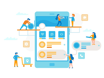 Small people make a UI/UX design. Process infographic. application blue flat illustration infographic people process studio teamwork ui ux vector