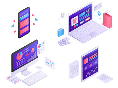 Isometric icons: monitor, laptop, phone, tablet 3D vector design 3d analysis chart data design graphs. infographic isometric laptop on line shopping phone visualization