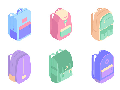 Colorful backpacks isometric icons 3d backpack flat icons illustration infographic isometric school vector