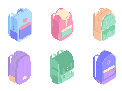 Colorful backpacks isometric icons