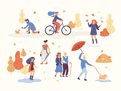 People in an autumn park. autumn fall flat illustration infographic park people promenade trees vector walking web
