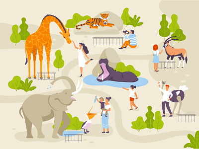 Zoo with people caring about wild animals african elephant antelope design flat giraffe hippo illustration infodraphic elements interaction ostrich park pelican people save animals tiger vector zoo