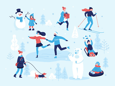 Winter mood activity casual children couple design fair flat illustration infographic ivent leisure outdoors park people skating skiing sledding snowman vector winter