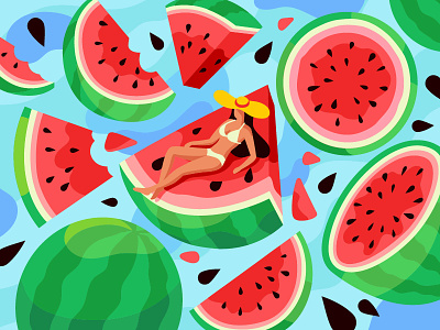 Water and Watermelon beach character coloring coloring book flat game art girl illustration juicy people summer illustration vector watermelon
