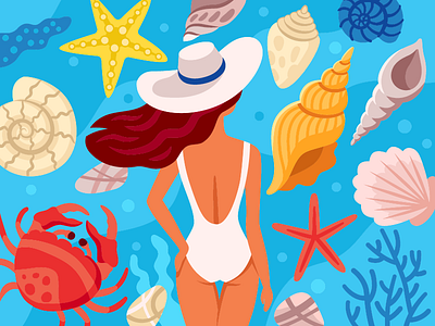 Woman By The See carbs flat illustration relaxation restaurant see shell starfish summer summer mood summertime vector wave weekend
