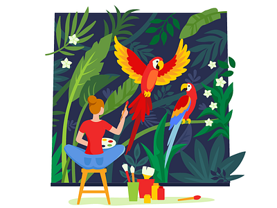 The inspired artist painting the tropical picture ara artist flat illustration jungle leaves macaw painting parrot vector