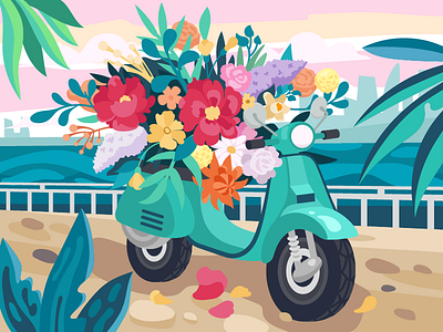 Flower delivery beresnev.games flat flower flower delivery galary game art illustraion painting vector vector flowers vintage scooter