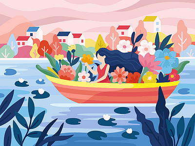 Flowersboat beresnev.games boat design flat flower flowerdelivery galary girl illustration illustrator painting people river vector