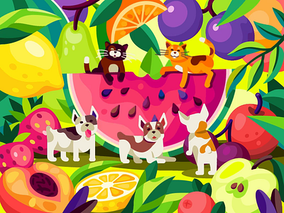 Summer party animals hang out on a watermelon animation beresnev.games cats coctail dogs flat funny pets gallery illustration jam juice juicy fruits lemon motion design painting summer summer fruits summer party vector watermelon