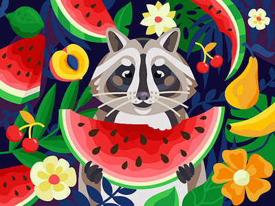 Raccoon is tasting a watermelon coloringbook flat fruits gallery gallerygame game gaming illustration illustrator painting raccoon vector vegan watermelon