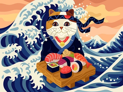 Cat on a sushi wave cat coloring book exotic shorthair flat gallery game great wave illustration japanese art japanese food kimono maneki neko painting samurai sashimi sushi vector