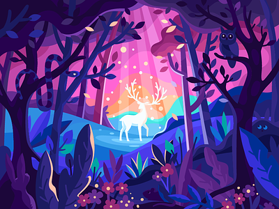 Magic Deer in a forest deer illustration flat forest gallery gallery the game illustration leaves magic forest owl painting patronus vector violet