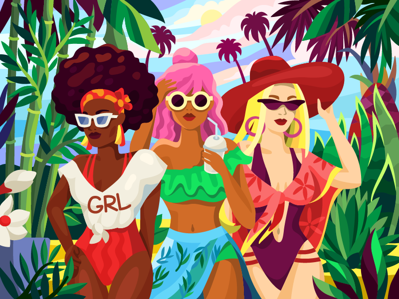 Girls fashion femenine flat friends friendship girl girlfriends girlpower girls girls on vocation illustration party sexy girl summer fashion summer party sunglasses swimsuit swimwear vector women