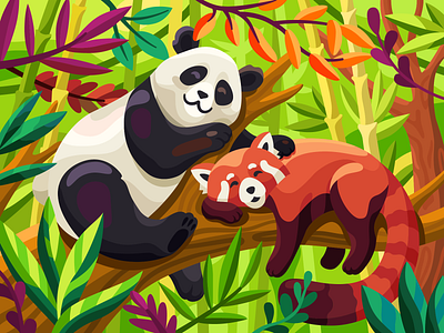 Pandas having a nap bamboo cute panda flat gallery game illustration jungle nap painting panda pandas red panda sleep sleeping animal sleepy kids vector