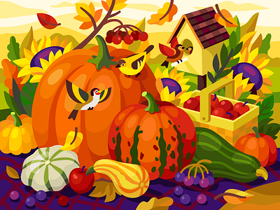 Harvest autumn autumn mood birdhouse colorfull flat gallery goldfinch harvest illustration painting pumpkin pumpkins sunflower vector vibrant colors yellow leaves