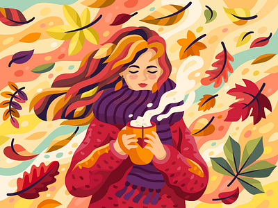 Autunm feelings autumn autumn leaves autumn mood coffee cup cup of coffee cup of tea flat gallary game girl illustration orange scarf sweater team vector warm clothes warm colors
