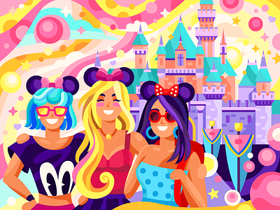 Beautiful girlfriends in a Disneyland castle childhood disney princess disneyland castle fairytale gallery girlfriends girls illustration mickeymouse painting people style teenagers teens vector young youth