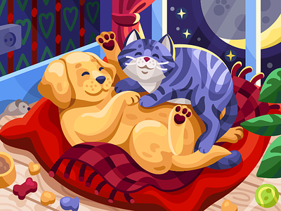 Cudling pets animal animal feed animal lover animals baby animals cat couple cute animals dog gallery illustration lullaby painting pet pet care pets romantic sleeping time vector