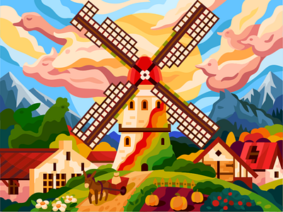 The spirit of domestic animals still enlivens this old mill animals cartoon cattle country domestic animals donkey ducks flat houses illustration mill old mill painting pets spirit vector vectors village windmill windy