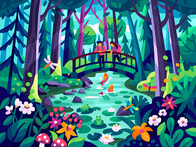 Forest moment couple eco ecological ecology fish forest fresh air gallery illustration lake nature park recreation resst river sity park travel vector vectr illustration