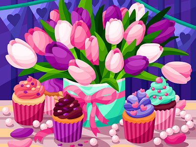 Cute Tulips and cupcakes birthday bouquet cupcake cupcakes flowers gift holiday illustration pearls petal stilllife tulips valentine day vector womans day