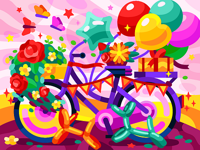 Magic courier the bike balloon animal balloons bicycle bike birthday butterfly cake colorful illustration gallery gifts ornaments party vector