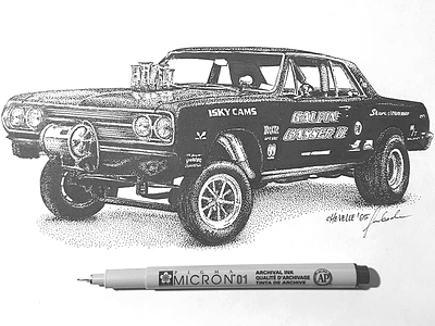 1965 Chevelle Gasser car art carart dotwork drawing handmade illustration pointilism