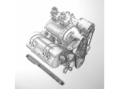 Ardun V8 Engine car carart cars dotwork drawing handmade illustration pointillism poster retro sketch vintage