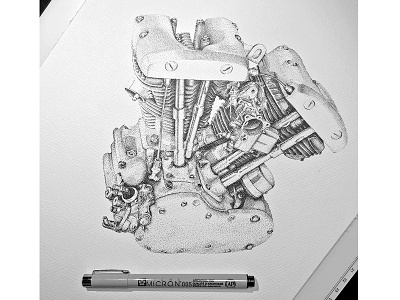 HD Shovelhead Engine car carart cars dotwork drawing handmade illustration pointillism poster retro sketch vintage