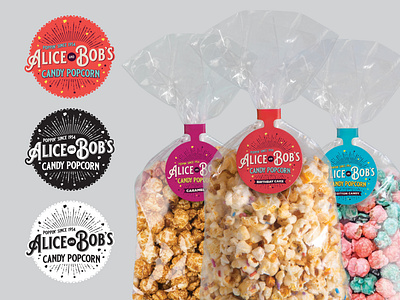 Alice & Bob's Candy Popcorn adobe illustrator branding candy design graphic design illustrator logo photoshop popcorn tag tags