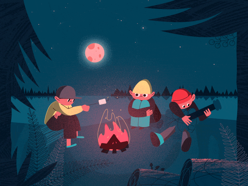 Camping memories after effect animation campfire camping fire fun grain guitar lake loop marshmello moon night plants rigging shadows sky stars woods