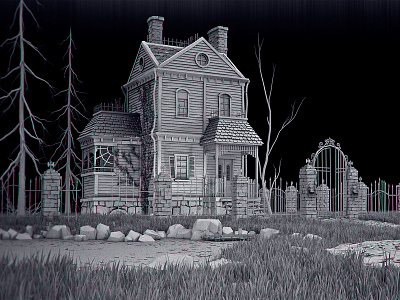 Haunted House (b/w) 3d halloween haunted house horror illustration