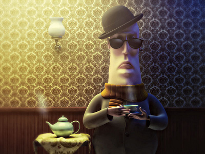 Patience 3d c4d character glasses hat tea