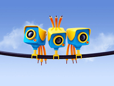 Smile and wave 3d birds c4d cables camera character illustration surveillance wire