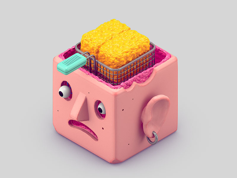 Deep Frying isometric basket fries brain fry head character illustration c4d 3d