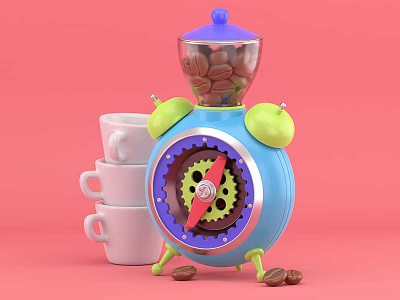 Grinding through the day 3d c4d clock coffee grinding illustration mug plastic time