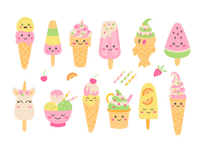 Cute ice creams character cute gelato ice ice cream icecream illustration kawaii pastel colors popsicle summer taiyaki vector
