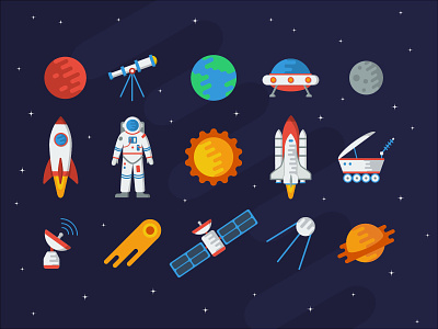 Space icons astronaut design flat icon illustration planet rocket set space vector