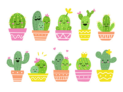 Funny cactus family cacti cactus character cute flat fun funny illustration kawaii smile vector