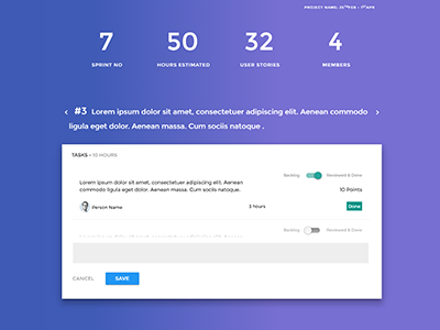 Scrum review screen card comments gradient material design numbers scrum review screen stats user stories