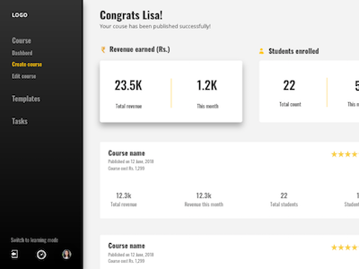 In progress - Course Dashboard admin black course dashboard fonts numbers oswald seller white yellow