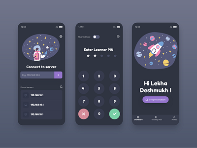 Dark mobile theme app dark dark ui design illustration kids minimal mobile school students ui ux