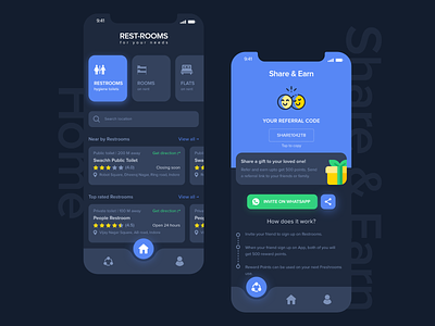 Restroom Finder adobe xd clean color concept creative creativity dark theme design dribbble earn home page design inspiration iphone x menu restrooms share share earn toilets ui ui ux